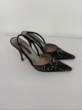 ✂️ Landry Black satin Beaded Pointed Toe Slingback Heels